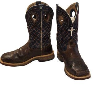 Twisted X Cowboy Boots Brown Dark Blue Leather Mens 9 EE Extra Wide Steel Toe